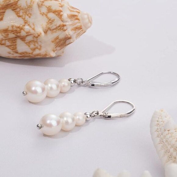 925 Sterling Silver Leverback Freshwater Pearls Earrings 3 Pearl Drop Dangle - Picture 1 of 3